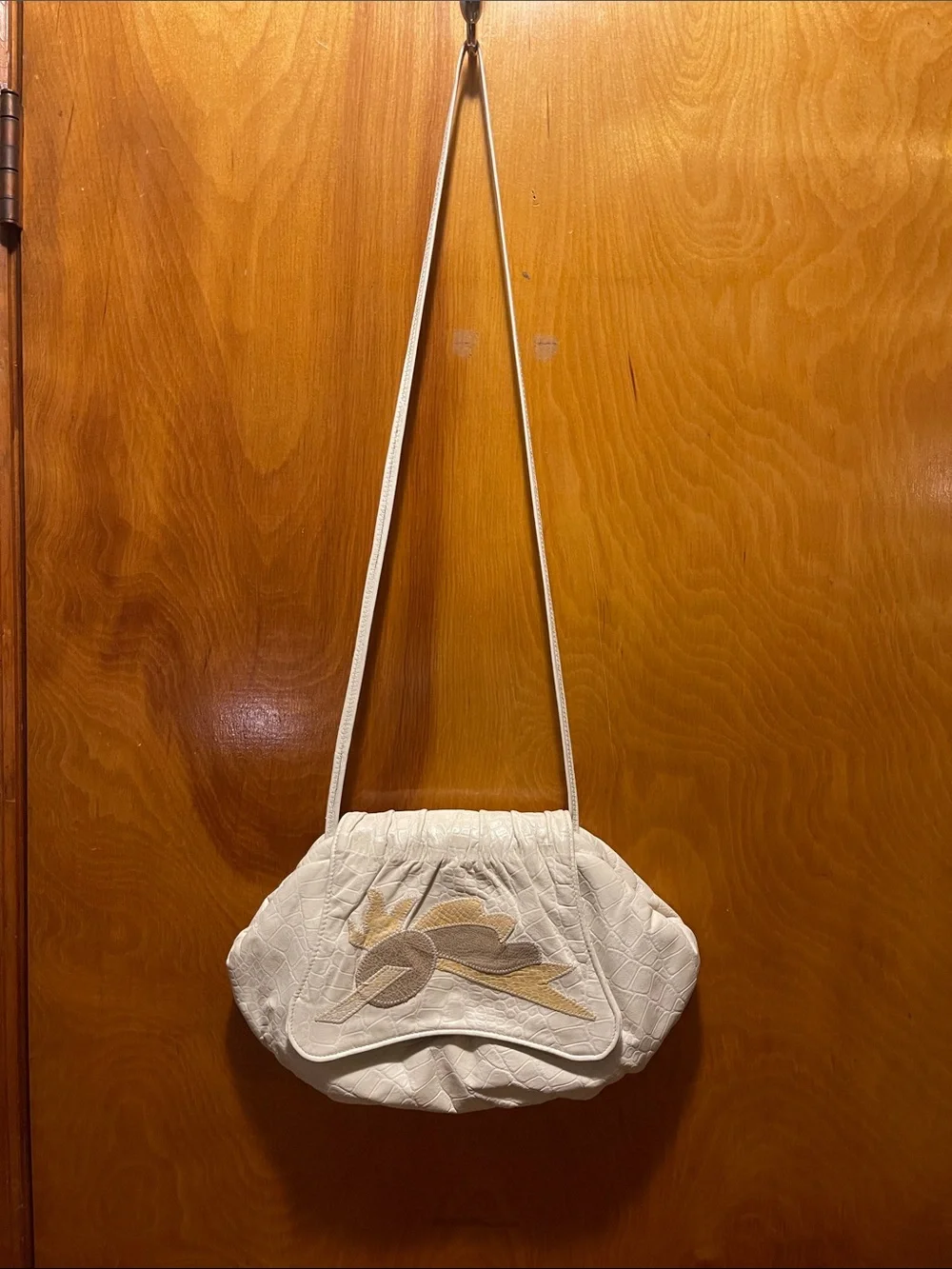Vintage 1980s/1990s Ivory Croc-Embossed Gathered Clutch Bag